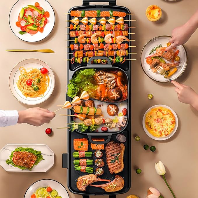 AORAN Smokeless Electric Hot Pot & Grill Combo, Large 9.5"x29" Non-Stick Design, 3 Adjustable Heat Levels, Easy to Clean，Includes Brushes, Tongs & Paper