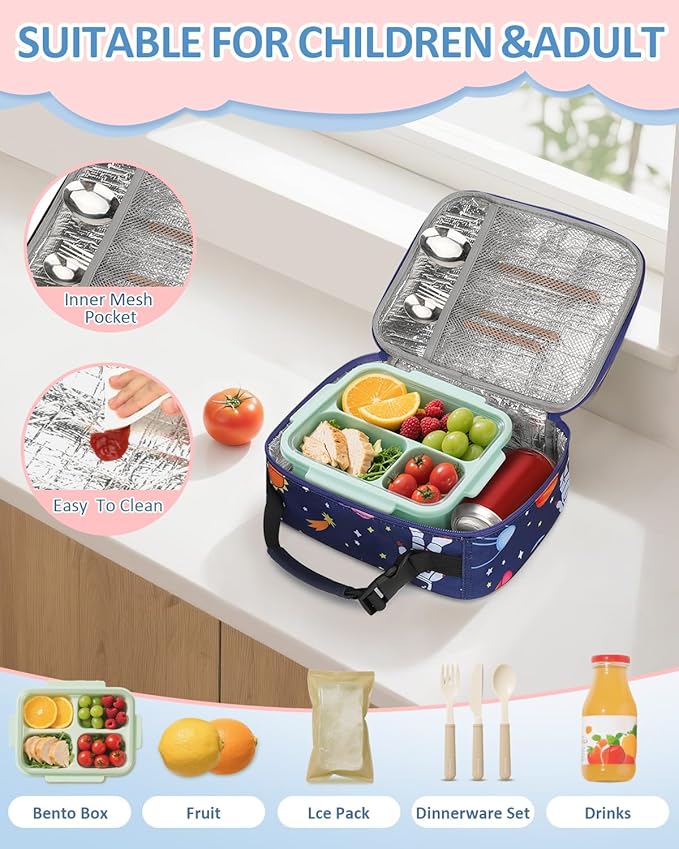 Capolo Insulated Lunch Box for Kids, Cute Thermal Lunch Bag for School, Reusable Lunch Tote for Boys and Girls, Durable Cooler Bag with Easy Grab Handle, Lightweight and Easy to Clean,Deep Blue Space