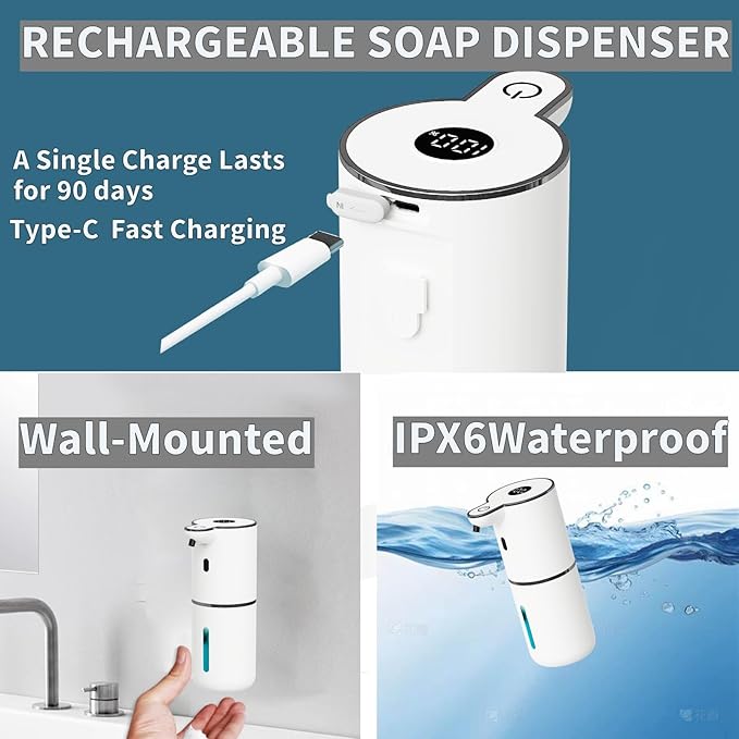 Automatic Liquid Soap Dispenser Touchless, Foaming Soap Dispenser 6 Adjustable Level Hands Free Auto Soap Pump USB Rechargeable Dispenser Electric Wall Mounted DishDispenser Kitchen