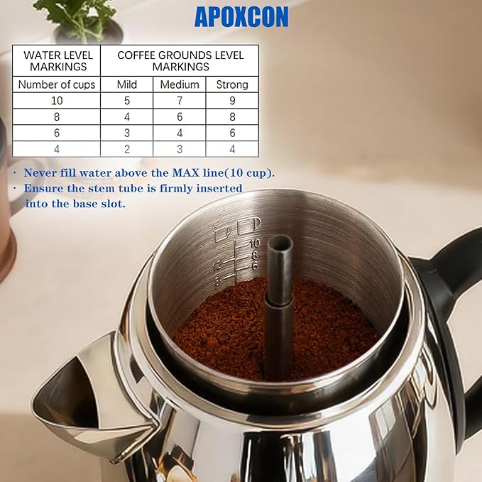 APOXCON Electric Coffee Percolator Stainless Steel Coffee Maker with Clear Brew Progress Knob & Cleaning Brush Auto Keep Warm Cordless Serving elegant design Coffee pot with On/OFF Switch (10 Cup)