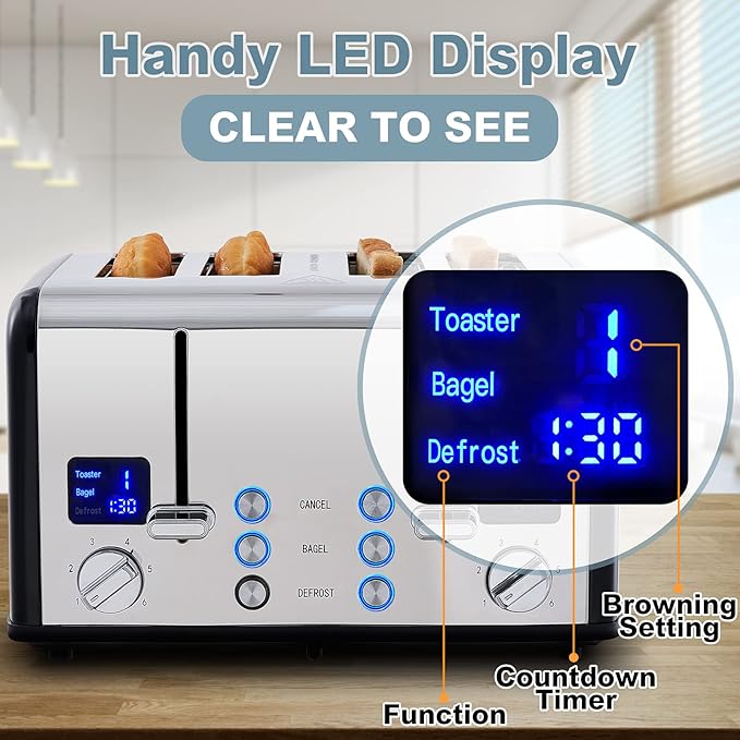 CUSIMAX 4 Slice Toaster, Ultra-Clear LED Display & Extra Wide Slots, Stainless Steel Toaster with Dual Control Panels of 6 Shade Settings, Cancel/Bagel/Defrost Function, Removable Crumb Trays, Black