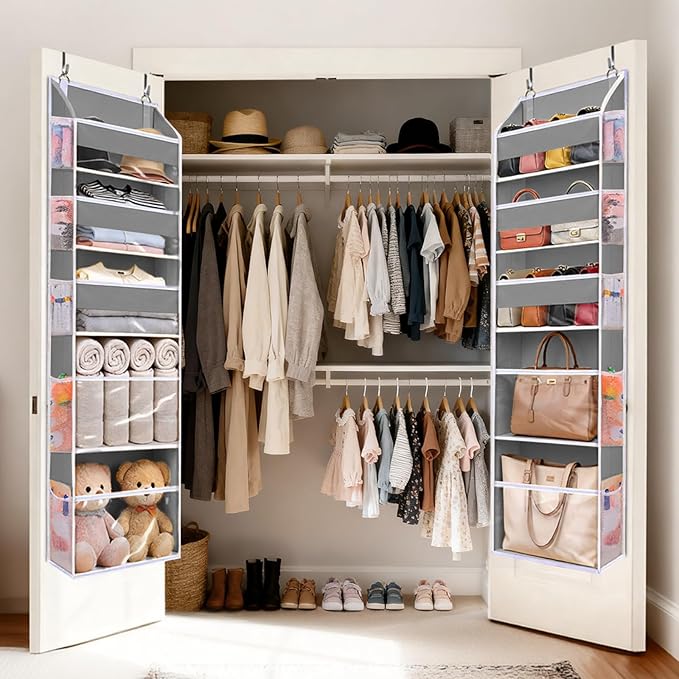5 Tiers Over Door Organizer with 10 Mesh Side Pockets, 44 lbs Weight Capacity Hanging Storage Organizer with Clear Window Kids Toys, Shoes, Diapers, Dark Gray