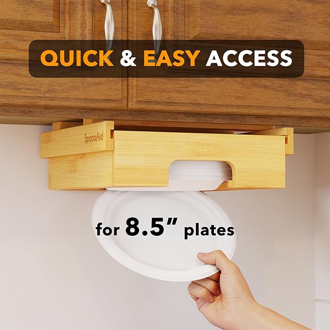 SpaceAid 8.5-inch Paper Plate Dispenser, Under Cabinet Bamboo Plates Holder, Kitchen Counter Vertical Dipensers Holders Countertop Caddy, Bamboo