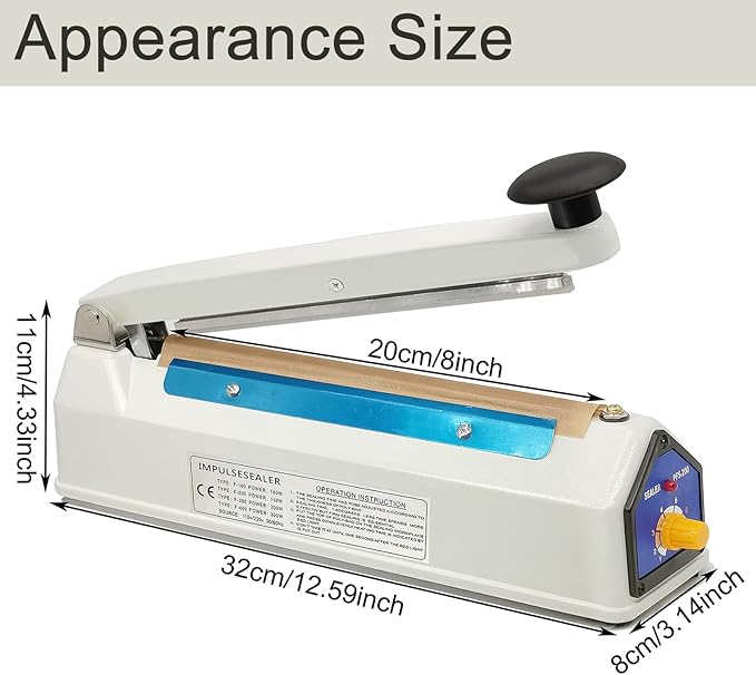Impulse Sealer 8 Inch Heat Sealer for Plastic Bags, Plastic Mylar Bag Sealer, Iron Shell, Manual Poly Bag Heat Sealer Machine, 3mm Sealing, 4 Replacements Kit (2 Cutting Lines Included)