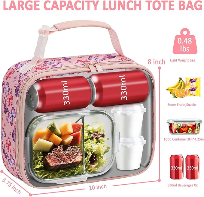 Lunch Box Kids Insulated Lunch Bag for Boys Girls Cute Reusable Lunch Tote Bag Waterproof Portable Thermal Lunch Box Kids for School Picnic Travel Pink Butterfly