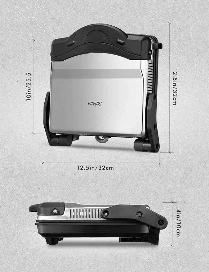Panini Press Grill, Yabano Gourmet Sandwich Maker Non-Stick Coated Plates 11" x 9.8", Opens 180 Degrees to Fit Any Type or Size of Food, Stainless Steel Surface and Removable Drip Tray, 4 Slice