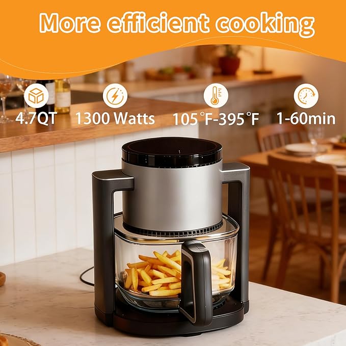 NEWBULIG 4.7Qt Glass Air Fryer, 10 in 1 Air Fryers with Timer, 105 to 395°F Wider Temperature, 360° Visibility, Dishwasher Safe, Roast Bake Dehydrate Reheat, Nonstick & Easy-Clean Basket, 1300W