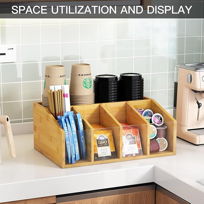 Coffee Station Organizer Condiment Organizer for Countertop Farmhouse Coffee Caddy with Removable Dividers Small Cute Office Bar Accessories for Tea Bags, Pods, Syrup, Cups, and Stirrer