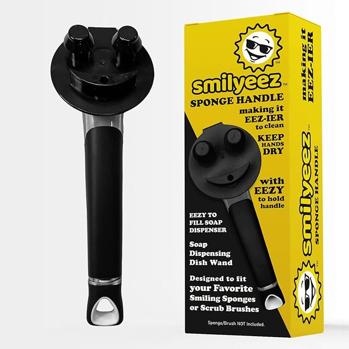 The Original Smiling Handle with Soap Dispensing for The Smiling Sponge with Smilyeez Caddy, Dishwand with Sponges, and 2 Scrub Mojis (Black)