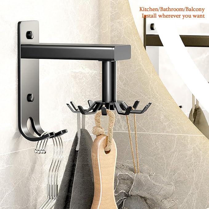 Kitchen Utensils Holder Practical Rotary Tool Hook Holder Wall Mounted Cooking Utensil Rack 10 Rotatable 2 Heavy Duty Hooks Self Adhesive (Black)
