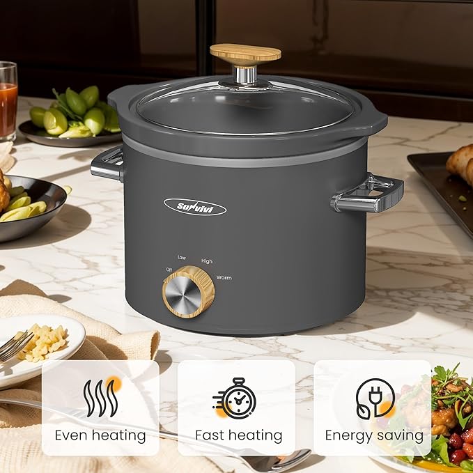 SUNVIVIPRO Small Slow Cooker with Removable Ceramic Pot, Food Warmer with 3 Heating Settings & Dishwasher Safe Glass Lid, Grey