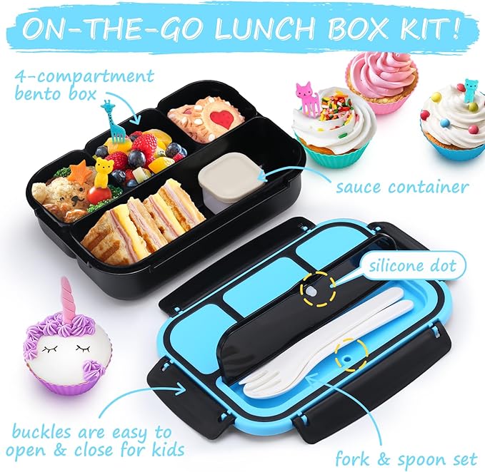 QQKO Bento Box for Kids Adults, School Toddler Lunch Box for Boys Girls, Lunch Box Containers with 4 Compartments, Sauce Container, Utensils, Food Picks and Muffin Cups for School, Black Blue