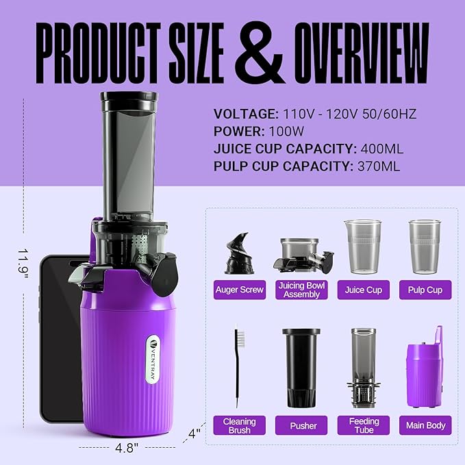 Ventray Ginnie Mini Cold Press Juicer, Small Slow Masticating Juicer for Vegetables and Fruits, High Juice Yield, Easy to Clean, Space-Saving, Fit for Personal/Travel/Picnic/Office - Purple