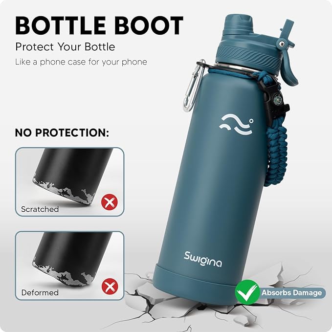 Swigina [2-IN-1 LID] Insulated Water Bottle with Silicone Boot (36hrs Cold/18hrs Hot) - DIY Stickers, Leakproof, BPA Free, 40 oz