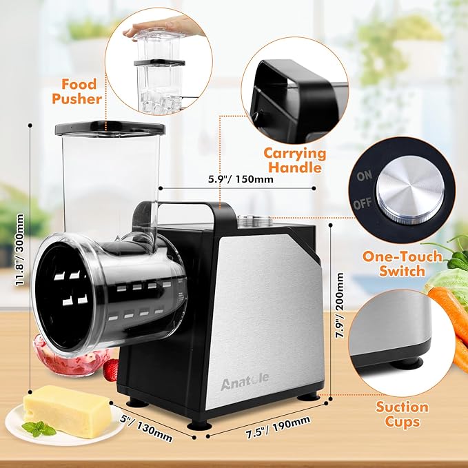 Anatole Electric Cheese Grater 7 Blades Ice Shaver Stainless Steel Vegetable Shredder 250W BPA-Free 110V