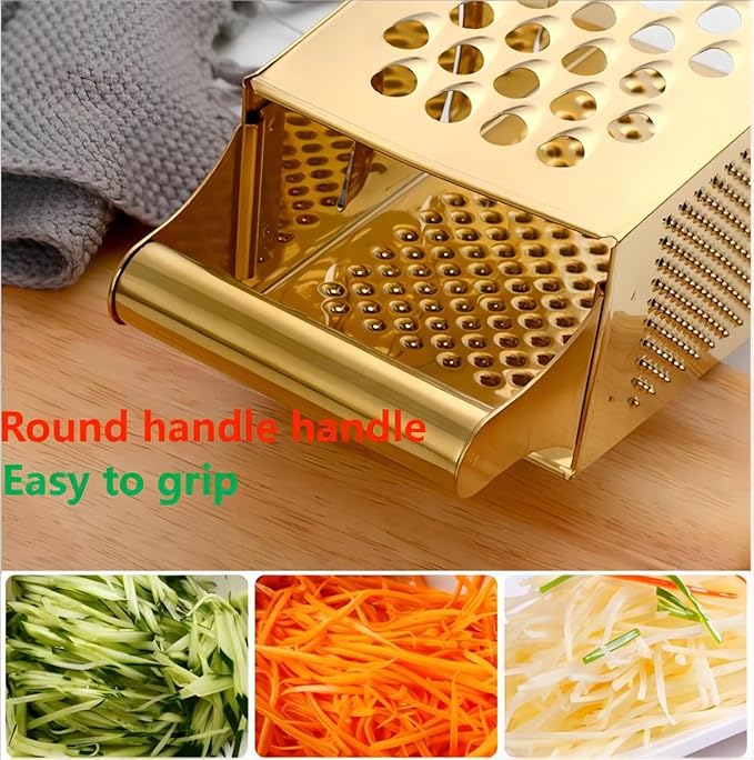 Stainless Steel 4 Sides Grater Slicer with Handle, Multifunctional Cutter Planing for Ginger, Garlic, Cucumbers, Carrots, Cheese, Potato, Ergonomic Design Kitchen Gadgets Accessories（Gold）