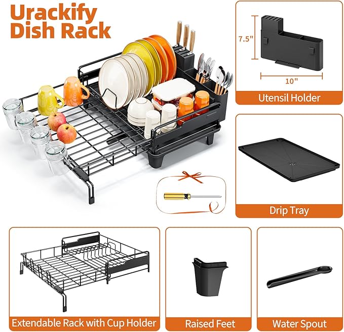 Urackify Dish Drying Rack - Extendable Dish Drainer, Large Dish Rack for Kitchen Counter, Rustproof Dish Strainer with Utensil Holder and Cups Holder, 1 Tier Black