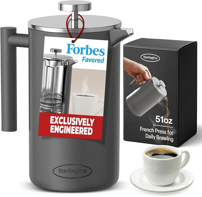 SterlingPro Stainless Steel French Press Coffee Maker 1.5 L (51 oz) Grey – Double Walled Insulated Large Coffee Press, Durable Design Keeps Drinks Hot, Easy to Use and Clean for Rich Flavor Brewing