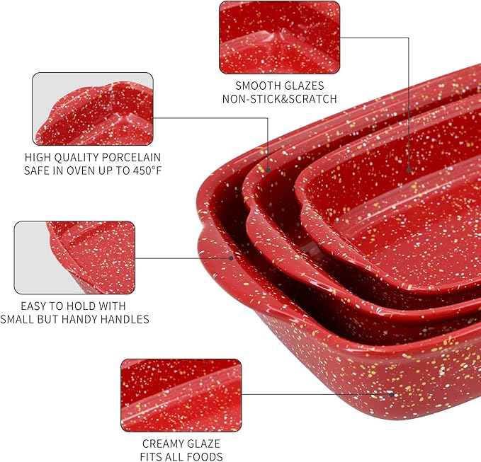 3-Pack Ceramic Lasagna Pan,Heavy-Duty Rectangular Baking Dishes, High Heat Resistant Oven-Safe Stoneware Casserole with Handles,Home Baking,Speckle Series(13.8''/12''/9.6'' Red)