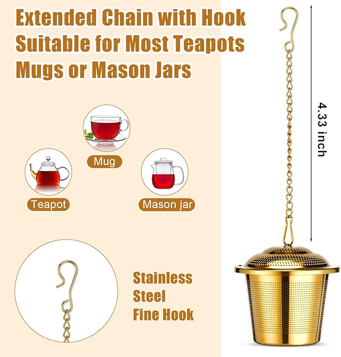 Umigy 4 Pcs Tea Infuser Strainers for Loose Tea with Scoop, Extra Fine Mesh Steeper 304 Stainless Steel Diffuser Leaf Holder with Extended Chain Hook for Brew, Spices, Seasoning, Gold