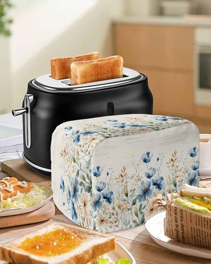 Blue Flowers Rustic Toaster Cover 4 Slice, Spring Vintage Botanical Dustproof Bakeware Oven Protector with Top Hook, Floral Beige Waterproof Small Kitchen Appliance Toasters Dust Cover, 12"x11"x8"
