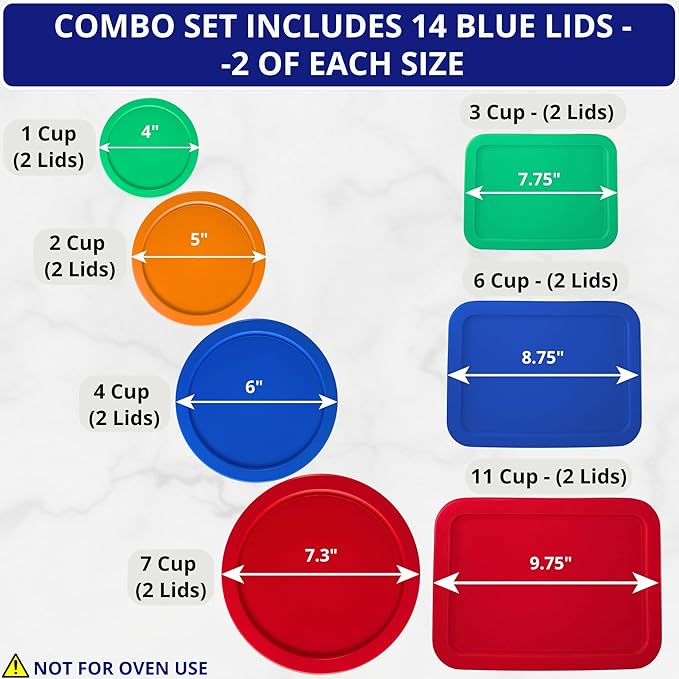 1, 2, 4 & 7 Cup Round & 3, 6, 11 Cup Rectangle Replacement Lids/Covers for Pyrex, Anchor Hocking & KlareWare Storage Bowls *Lids Only -Glass Container Not Included*, 14 Pack *2 of Each Size*