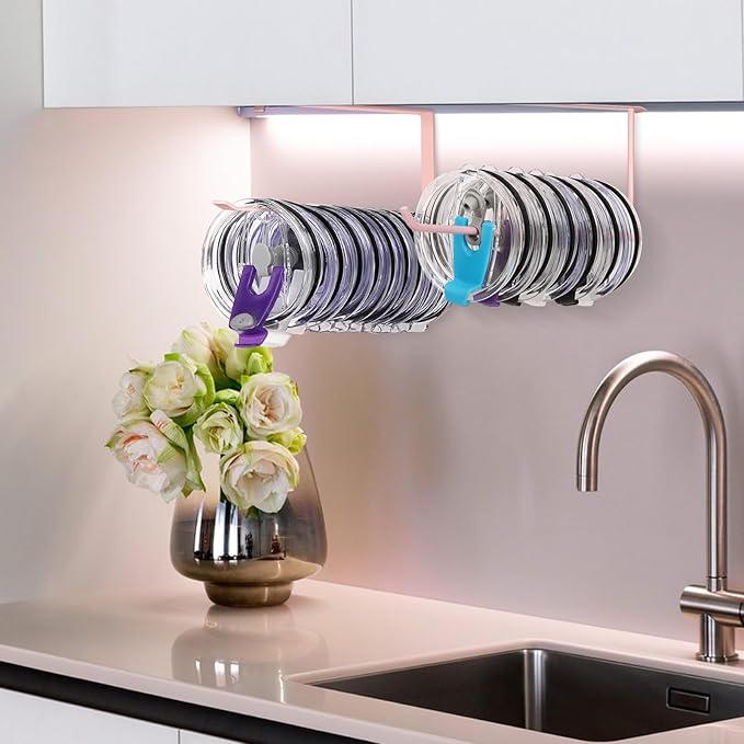 2 Pack Tumbler Lid Organizer, Horizontal Tumbler Lid Storage Hook Up to 20 Lids, Space Saving Cup Lid Holder Under Cabinet Tumbler Lid Hook for Kitchen Organizer, Paper Towel Hanger(Round&Flat, Pink)