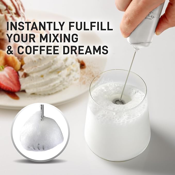 Mini & Mighty Milk Frother Wand – Powerful Handheld Coffee Frother, Battery Operated Drink Mixer – Compact Pocket Size – Detachable Whisk for Latte, Cappuccino, Matcha, Hot Chocolate – White Marble