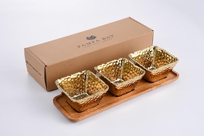 ampa Bay Gold Porcelain Entertaining Set, 3 Square Snack Bowls with Wood Tray