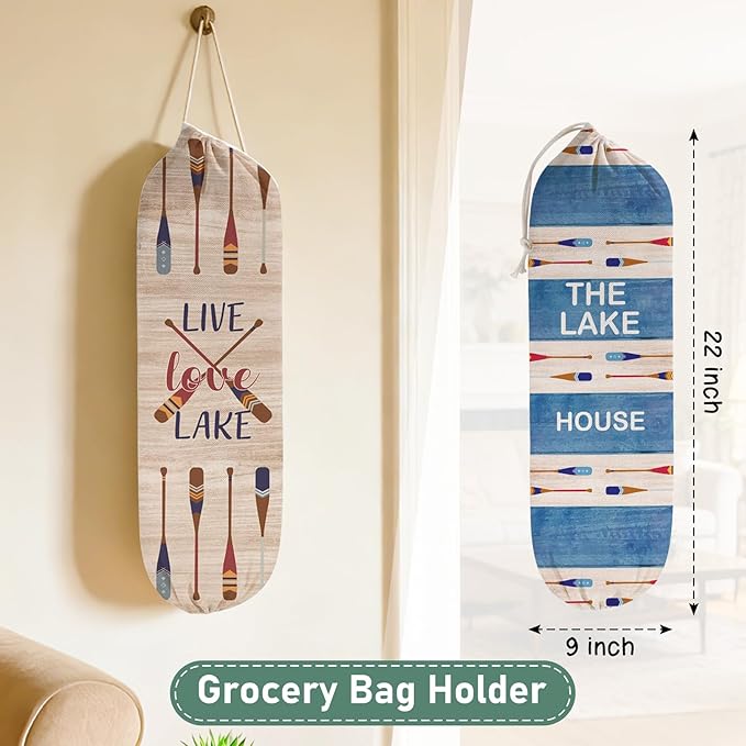 2Pcs Lake House Plastic Bag Holder for Kitchen Essentials, Reusable Hanging Grocery Bag Organizer, Washable Large Grocery Trash Bags Storage Dispenser Lake House Decor for the Home