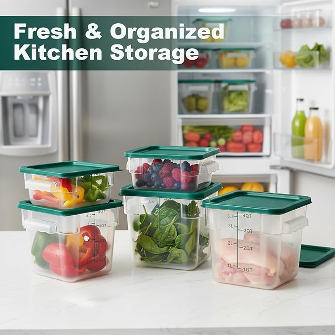 4 Pack 2QT & 4QT Food Storage Containers with Green Lids, Clear Square Commercial Food Storage Containers with Scales and Handles, BPA-Free Airtight Restaurant Container for Sourdough, Marinating Meat