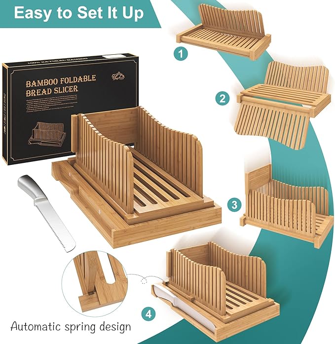 Bamboo Bread Slicer with Serrated Knife, Adjustable Guide for 3 Thickness Sizes, Foldable Chopping Board with Crumb Tray, Great for Homemade Bread, Cakes, Bagels