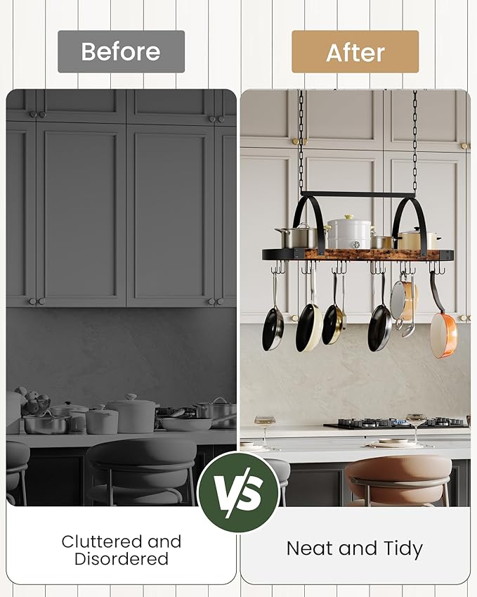 CHOEZON Hanging Pot Rack, Pot Hanger for Kitchen, Ceiling Mounted Pot Holder, Cookware Organizer with 18 S-Shaped Hooks, for Pot, Pan Storage, Space-Saving, Rustic Brown and Black TPR18BF