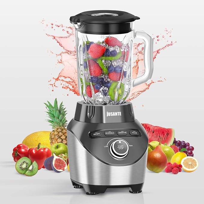 JUSANTE Blender with 64 oz Glass Jar - 1200W High Speed Juicer Blender for Smoothies, Shakes & Frozen Drinks (Black)