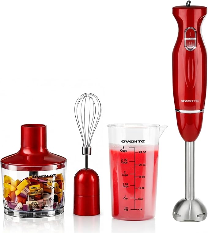 OVENTE Immersion Hand Blender Set, 300W Electric Handheld Stick Mixer, 2 Mixing Speeds with Stainless Steel Blades, Egg Whisk, Beaker & BPA-Free Food Chopper, Red HS565R