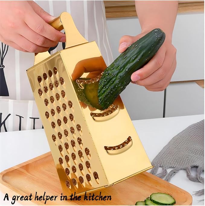Stainless Steel 4 Sides Grater Slicer with Handle, Multifunctional Cutter Planing for Ginger, Garlic, Cucumbers, Carrots, Cheese, Potato, Ergonomic Design Kitchen Gadgets Accessories（Gold）