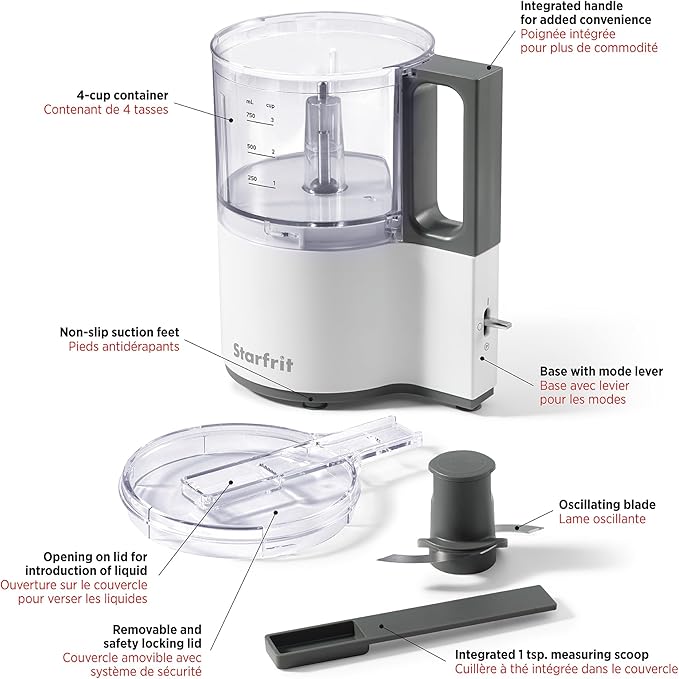 Starfrit Electric Oscillating Food Processor - 4 Cups - Measuring Spoon - High, Low & Pulse Modes - 300W