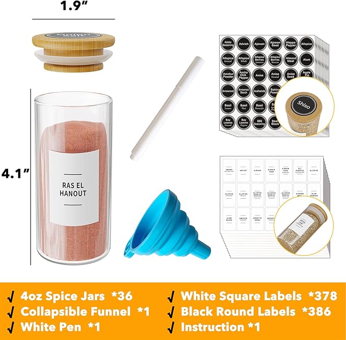 SpaceAid 36 Pcs Spice Jars with Bamboo Lids and Labels, Empty 4oz Glass Spice Bottles, Minimalist Farmhouse Spice Labels Stickers with Funnel, Seasoning Containers for Spice Rack, Cabinet and Drawer