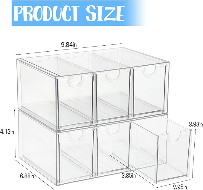 6 Drawers Tea Bag Organizer, Clear Acrylic Tea Bag Storage Organizer, Stackable Tea Packet Drawers Holder for Cabinet, Pantry, Kitchen, Countertop