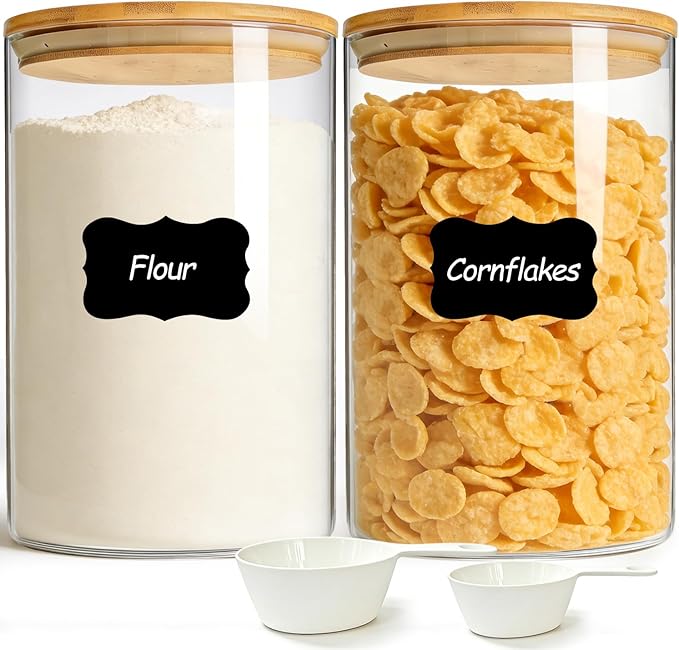ComSaf 2Pcs Large Glass Storage Containers with Lids 4Qt, 1 Gallon Wide Mouth Flour Sugar Storage Containers, Large Capacity and Sealed for Rice, Cereal, Oat, Easy Clean and Scoop, Pantry Organization