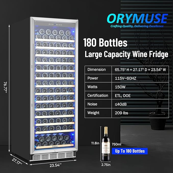 ORYMUSE Freestanding 180 Bottle Wine Fridge - 24" Built-in Cooler with Upgraded Compressor Cooling and Intelligent Temperature Memory, Large Capacity Refrigerator