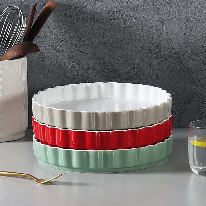 Quiche Baking Dish,Ceramic Pie Pan 11 Inch Reusable,Pizza Pan，Non-Stick Round Tart Pan with Ruffled Edge Microwave Dishwasher and Oven Safe (GREY)