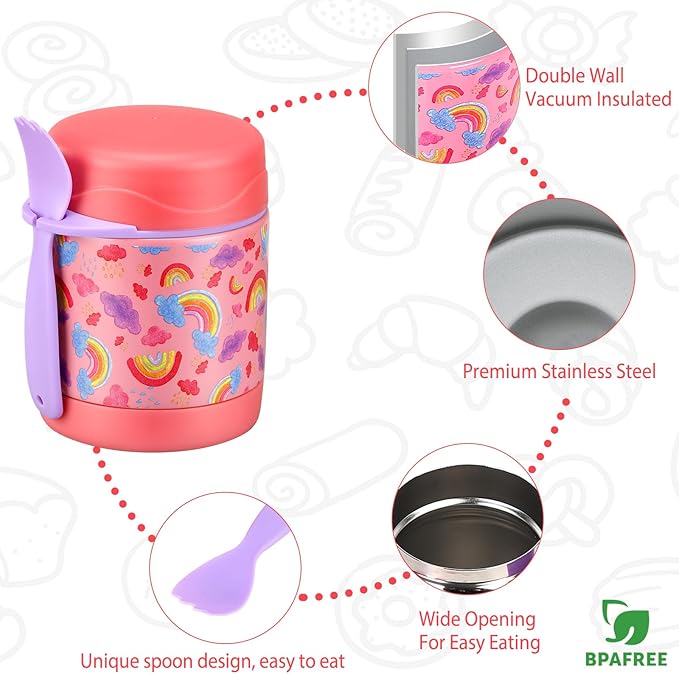 10oz Soup Thermo for Hot Food Kids,Lunch Thermo Kids Food Jar with Spoon Hot Insulated Food Containers,Leak Proof Stainless Steel Wide Mouth Lunch Thermo Jar for School(Pink-Rainbow)