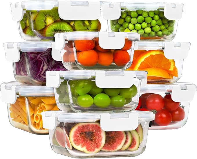 HOMBERKING Glass Food Storage Containers with Lids, [18 Piece] Meal Prep Containers, Airtight Lunch Bento Boxes (9 lids & 9 Containers) - White