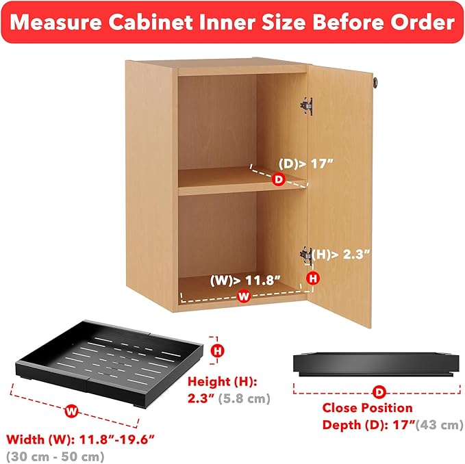 SpaceAid Pull Out Cabinet Organizer, 1 Pack Expandable 11.8"-19.6" (Need to Pull to Widen) Heavy Duty Pull-Out Drawer with Adhesive Tape for Kitchen Storage Cabinets (Black, 17" Deep)