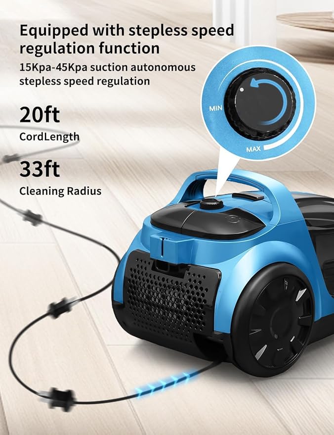 Canister Vacuums 45Kpa 1600W Canister Vacuum Cleaners for Home Double HEPA Filter 4.5Qt Bagless Vacuum Cleaner Lightweight Canister Vacuum Cleaner for Hard Floors Carpet Pet Upholstery Tiles Car Blue