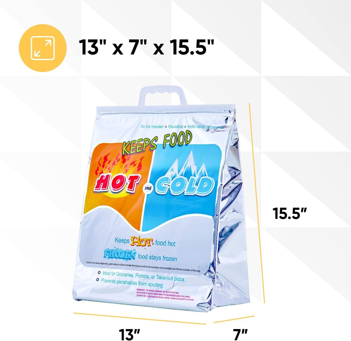 Superio Hot and Cold Insulated Bags for Food Delivery, Grocery Shopping Bags, Food Storage for Hot and Frozen Food for Travel, Disposable Cooler Bag, Reinforced Thermal Lunch Bag (10, 13"x7"x15.5")