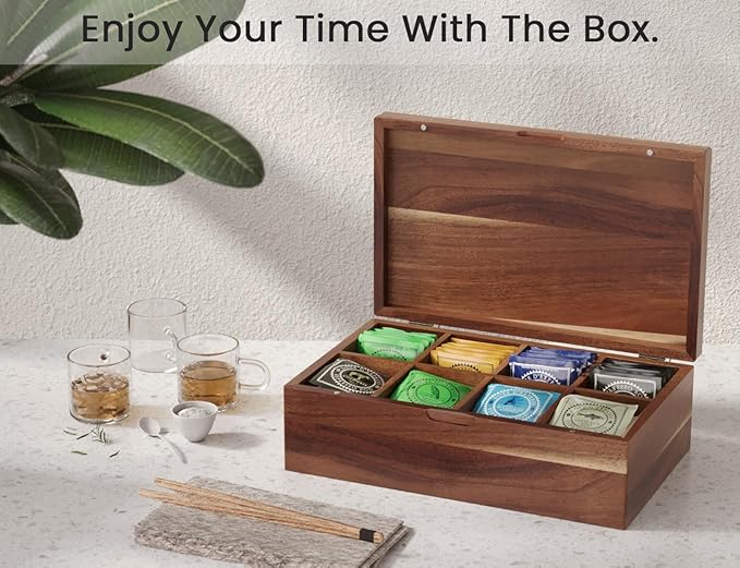 Acacia Wood Tea Bag Organizers, Tea and Sugar Packet Storage Chest with Lid, Wooden Teabag Holder Containers,Tea Box with 8 Compartments