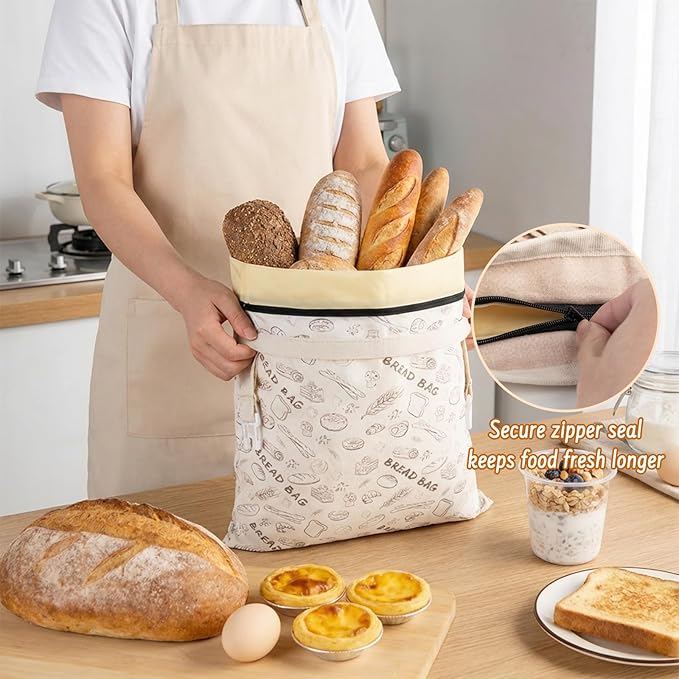 2-Pack Reusable Beeswax Bread Bags for Sourdough & HomemadeBread with Zipper, 16.5 x 13 inch bread bags for Food Storage