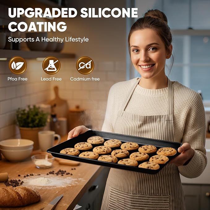 Sakerplus Nonstick Baking Sheet Pan Set of 3, Heavy Duty Cookie Sheets for Oven with Stripe Texture Pattern, 0.6mm Thick Quarter/Half/Jelly Roll Pans, Rust-Resistant & Easy Clean (Black)